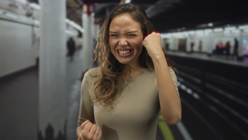 Woman smiling at a train station with a playful demeanor, embodying a lively urban setting ideal for portraying modern hispanic lifestyle in public transport environments.