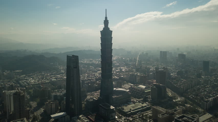 sunny day taipei cityscape famous tower aerial panorama 4k timelapse taiwan