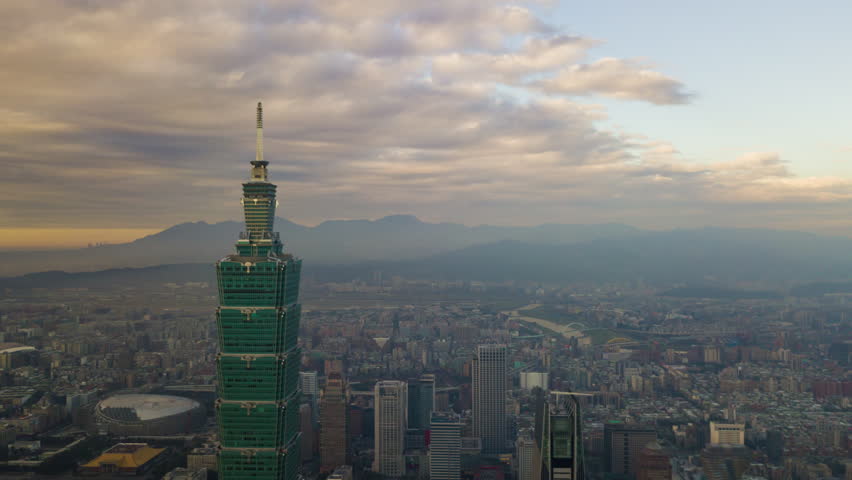 cloudy sunset taipei city famous tower top aerial cityscape panorama 4k taiwan