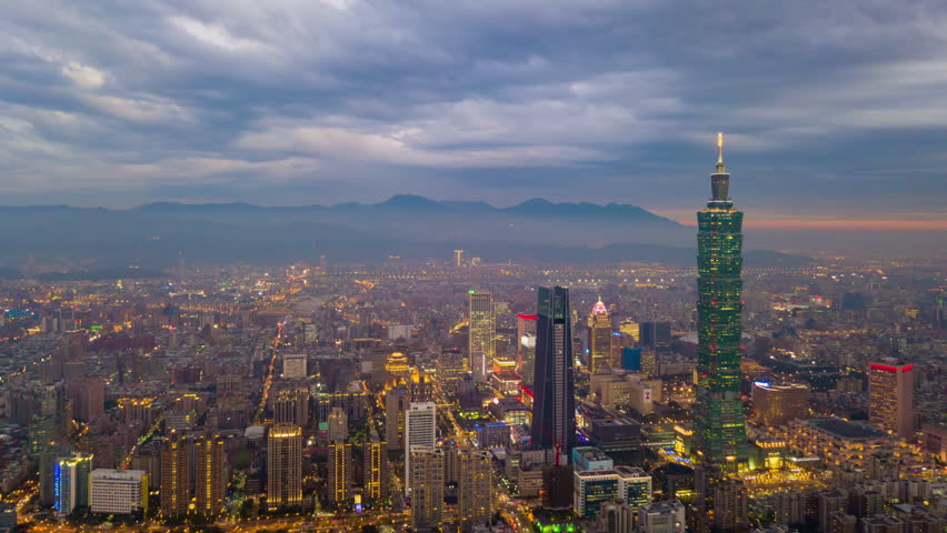 cloudy sunset taipei city famous tower aerial downtown cityscape panorama 4k taiwan