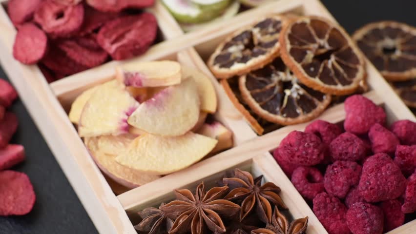 Box of dried fruits strawberries, raspberries, figs and peaches as ingredients for desserts. Dried fruits as food background