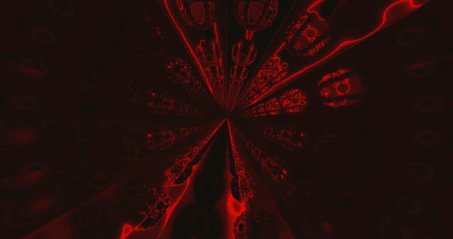 An animated illustration of a dark red and green digital starburst or tunnel with glowing edges