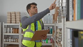 Man holds clipboard while writing inventory in warehouse as male young hispanic volunteer organizes donation food. - Powered by Shutterstock - Get 15% off with code: PIKWIZARD15