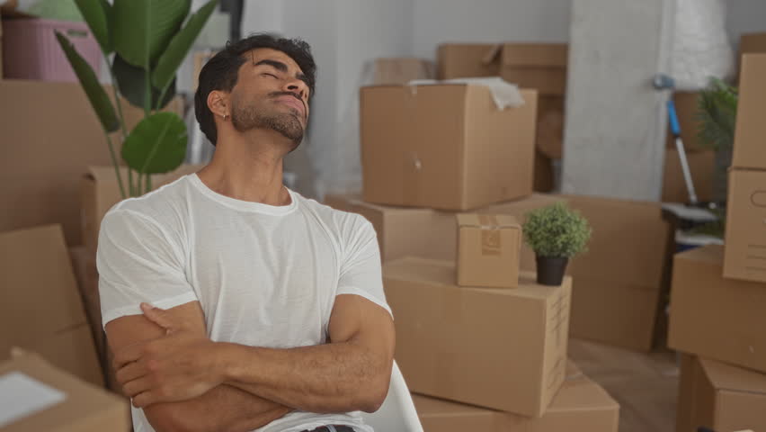 Man in white shirt stretches back in building surrounded by cardboard boxes and houseplants; relaxation.