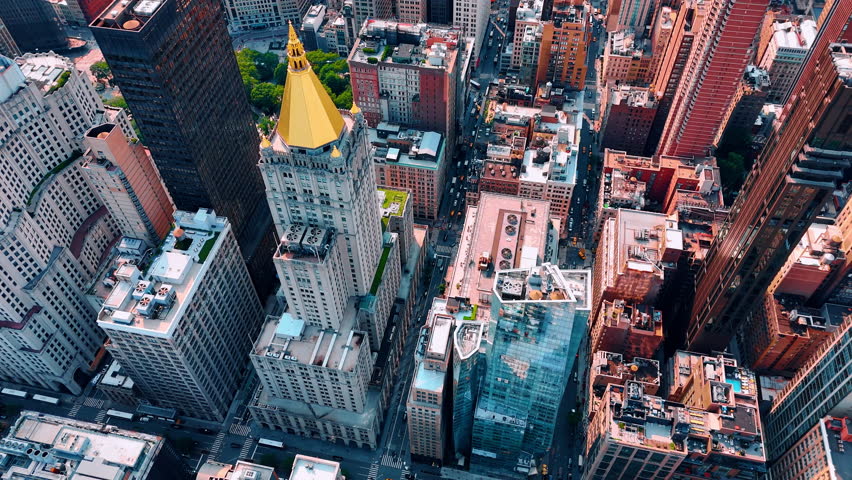 Skyscrapers of stunning New York, USA. Aerial view on the Metropolitan Insurance Company with a golden cupola.