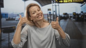 Woman raising her bare hands in a double thumbs up gesture at an airport terminal outdoors; optimism. - Powered by Shutterstock - Get 15% off with code: PIKWIZARD15