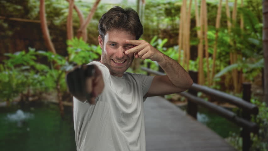 Man points finger to camera and makes peace sign near eye while smiling on forest boardwalk; playful confidence.