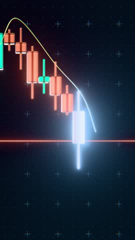 3D candlestick chart with dynamic glow, moving average line, and current price indicator on a dark background. Vertical loopable 3D animation.