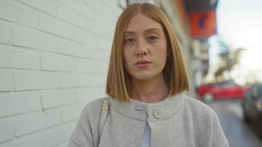 Woman making quiet gesture with finger on lips standing in urban street, featuring blonde hair and casual attire against a brick wall during daytime.