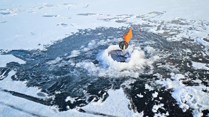 Ice fishing setup featuring a black fishing hole marker with an orange flag on a frozen lake surrounded by snow, showcasing winter outdoor recreational activities