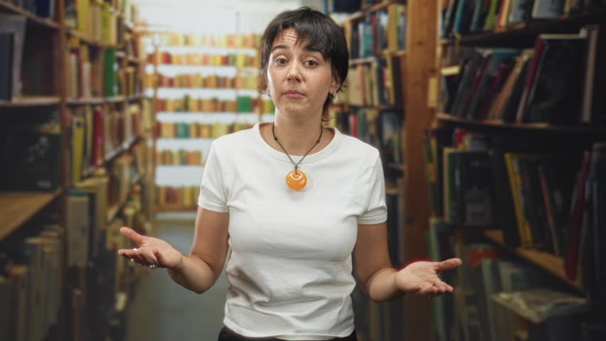 Woman gesturing hands while speaking and wearing an orange pendant necklace in a building library aisle; teaching calm.