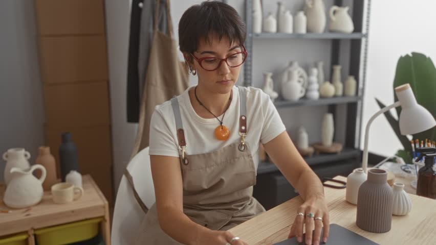 Young woman in apron and glasses types on laptop with both hands beside finished ceramic vases and tools on table in pottery studio; concentration.