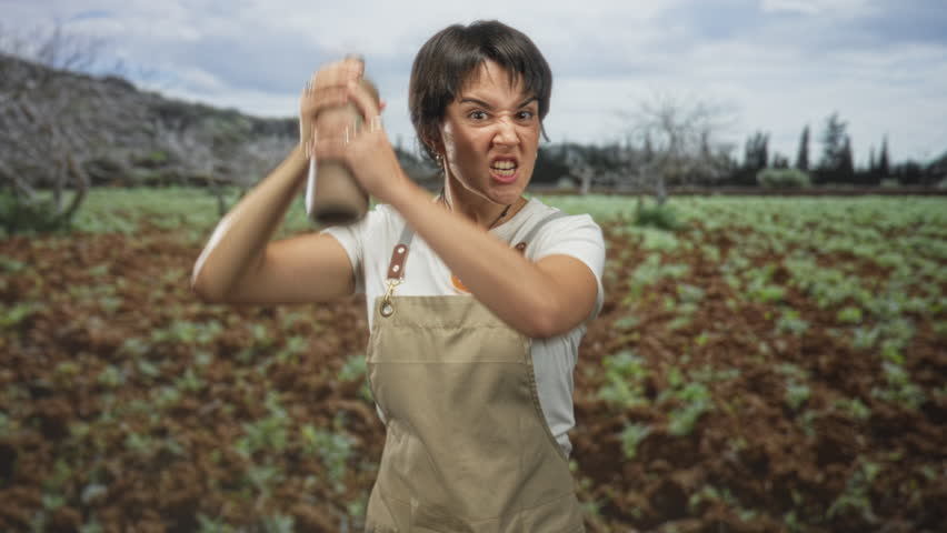 Woman holding a clay pottery jar with both hands in a farm field wearing an apron and scowling while gripping the vessel; frustration.