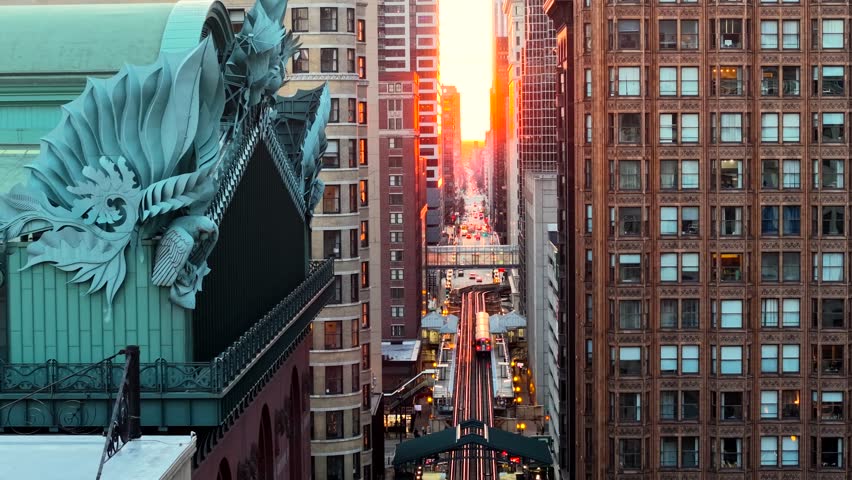 Drone footage of Chicago skyline at sunset