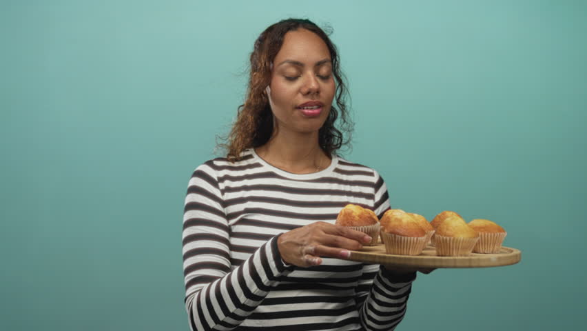 Woman holding a muffin and offering a wooden tray in studio with turquoise backdrop; homemade comfort inviting.