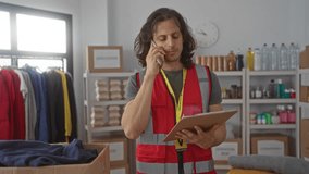 Man volunteer wearing red vest talking on phone holding clipboard in building; community service focused. - Powered by Shutterstock - Get 15% off with code: PIKWIZARD15