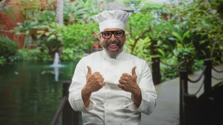 Man chef wearing white uniform and hat smiling and giving thumbs up on park walkway by pond and fountain; approval joy.