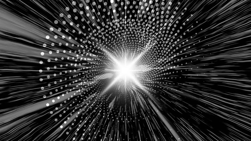 Abstract black white speed lines burst from a dark center creating a dynamic graphic warp motion effect digital illustration.