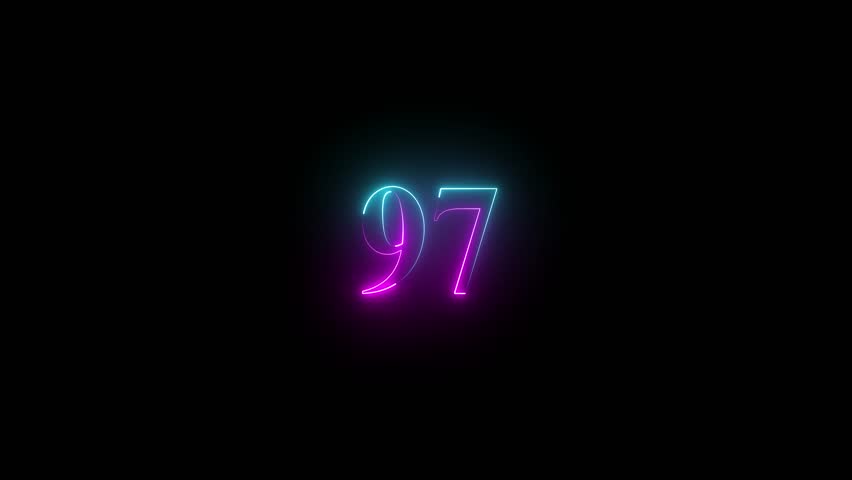 97 text font with glowing neon light. neon sign tex animation on black background.