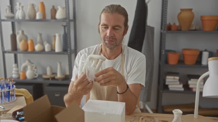 Man unwraps ceramic vase with bare hands on wooden table amid shelves of pottery in sunlit pottery studio; concentration.