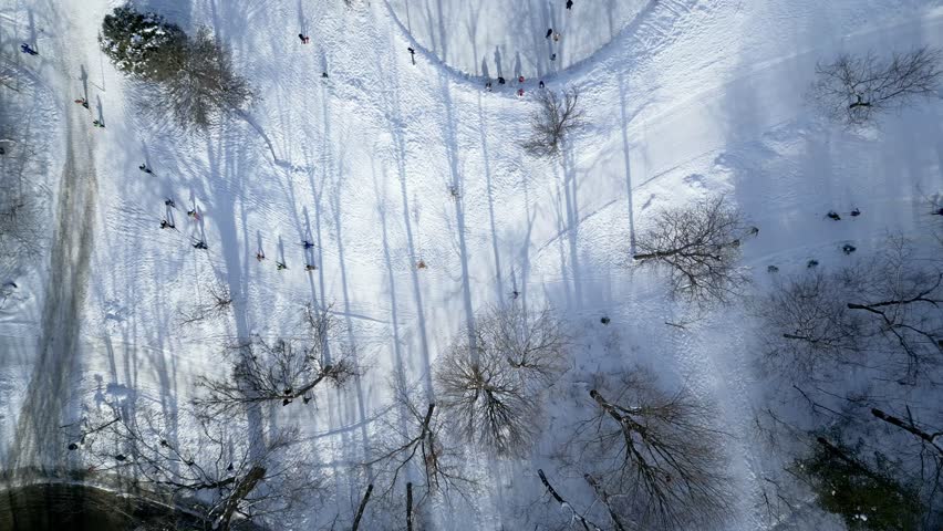 Winter aerial view of Montreal skyline with snowy Mount Royal Park and frozen Beaver Lake. g.
