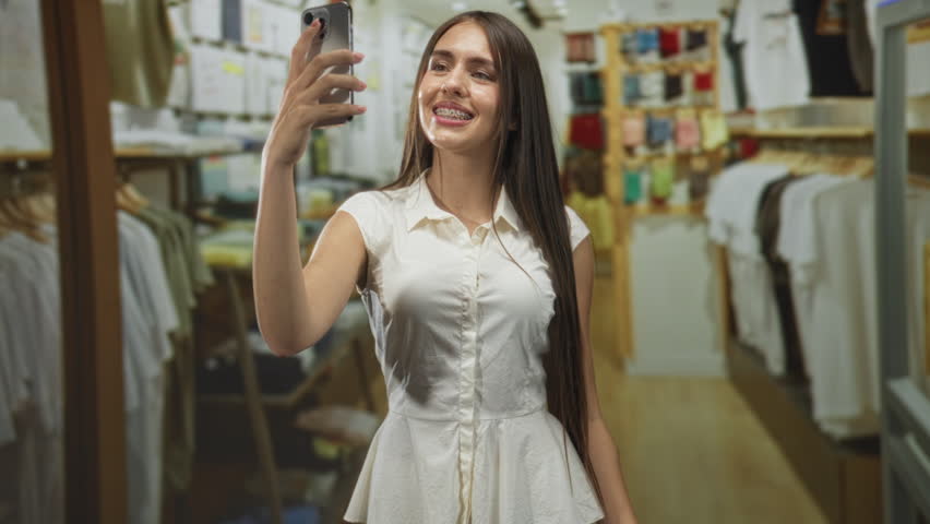 Young woman holding smartphone, tapping screen in a clothing store inside a building; shopping indecision.
