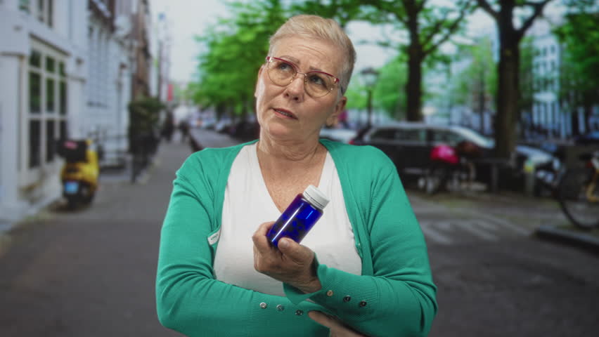 Woman holding blue pill bottle with finger to chin thinking gesture on city street; medication decision doubt.