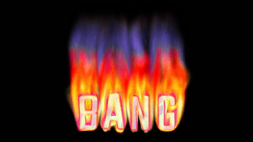 Animated heat map Bang! text title burning in pixelated retro-styled fire flames on a transparent alpha channel in a seamless loop.