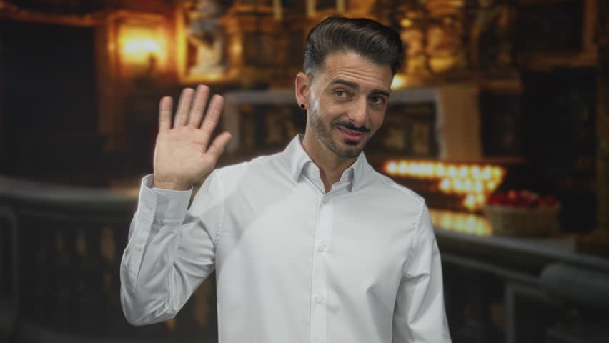 Young smiling man waves open hand in candlelit church building aisle; serenity faith devotion welcome.