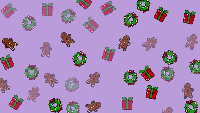 A cheerful Christmas pattern featuring gifts, wreaths, and gingerbread men on a light purple background, perfect for holiday designs.