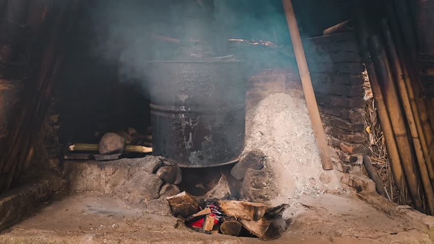 Traditional Alcohol Distillation Process Using Manual Fire Stove