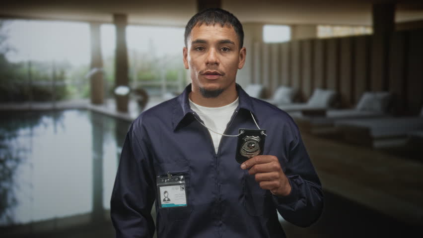 Man detective young handsome holding metal badge at chest, finger to lips for silence in building pool area wearing navy jacket and id card; secrecy tension.
