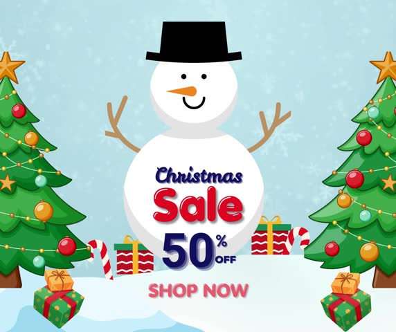 Winter-themed Christmas sale animation featuring a cute smiling snowman, snow-covered landscape, decorated x-mas trees, and gift boxes. "Christmas Sale 50% Off Shop Now" appears on the snowman.