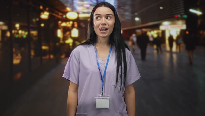 Woman nurse in lavender scrubs sticks out tongue, wearing badge and lanyard in a busy indoor building with blurred crowds; playful confidence.