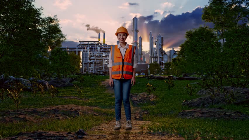 Full Body Of Asian Female Engineer With Safety Helmet Smiling To Camera While Standing In Front Of Oil Refinery