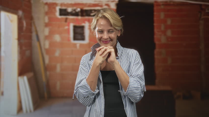 Woman crossing hands on chest in an unfinished brick building interior, smiling with visible palms and light clapping gesture; gratitude celebration success.