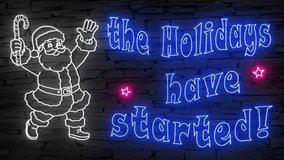 The Holiday have started! + silhouette of happy Santa Claus illuminated 3d illustration retro neon signs, cute 10s 4k video art, Christmas wishes in red blue white, sstkChristmas, happy Holidays - Powered by Shutterstock - Get 15% off with code: PIKWIZARD15