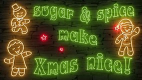 Sugar + spice make Christmas nice + silhouette of happy gingerbread man illuminated 3d illustration retro neon signs, cute 10s 4k video art, Christmas wishes in green gold red, sstkChristmas - Powered by Shutterstock - Get 15% off with code: PIKWIZARD15