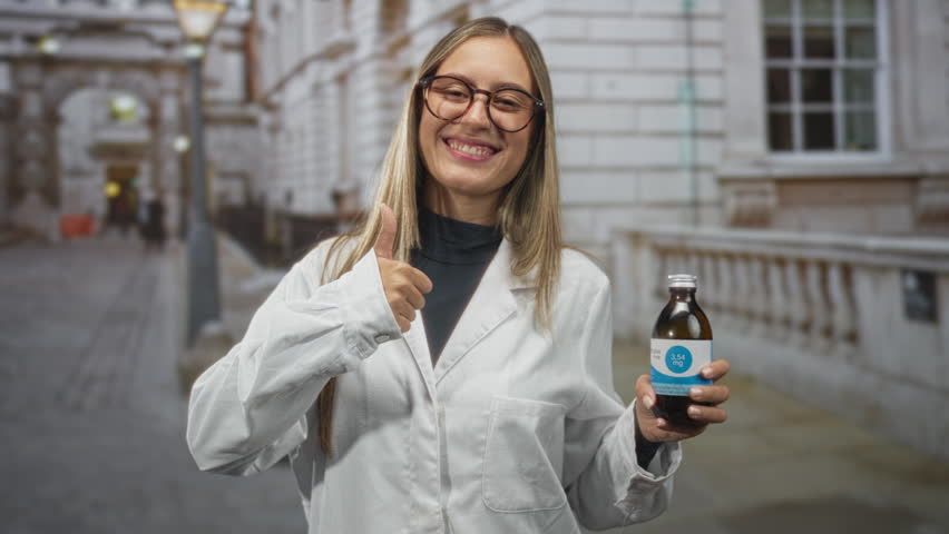 Hispanic woman in lab coat smiling while holding a medicine bottle on a city street with stone building facade; confidence wellness care.