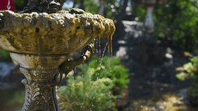 Serene Garden Fountain Water Cascading Over Ornate Stone Structure Amidst Lush Greenery, Creating Tranquil Outdoor Atmosphere with Natures Beauty and Vibrant Plants - Powered by Shutterstock - Get 15% off with code: PIKWIZARD15