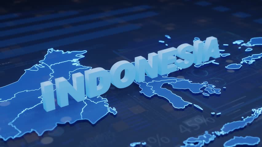Indonesia Map Futuristic Digital Background. A dynamic animation of Indonesia's map with glowing text and futuristic UI elements. Ideal for local business, news, and tech.