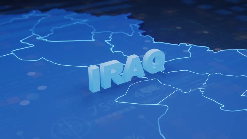 Iraq Map Futuristic Digital Background. A dynamic animation of Iraq's map with glowing text and futuristic UI elements. Ideal for local business, news, and tech.