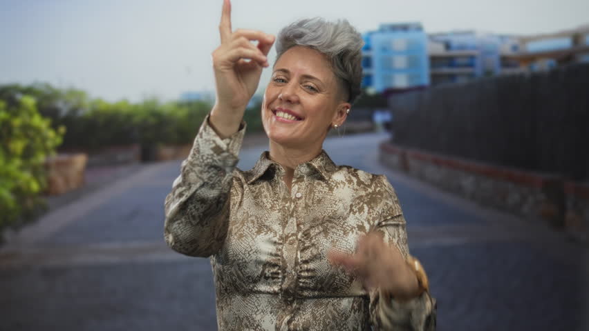 Woman with short grey hair smiling while forming heart shape with her hands on a sunny cobblestone street; affection.