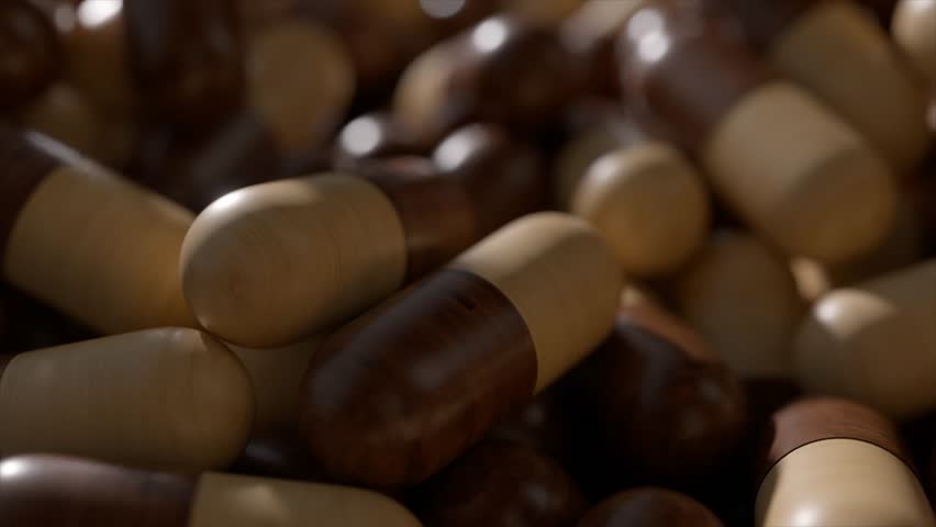 Medical wooden capsules gently spinning atop stacked pharmaceutical pills, revealing intricate wood texture and smooth surface against neutral background with soft clinical lighting. 3D Illustration