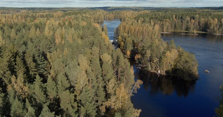 Aerial view of Kalkkinen rapids, it is one of the few rapids in the region that flows freely on a sunny autumn day, Asikkala, Finland.