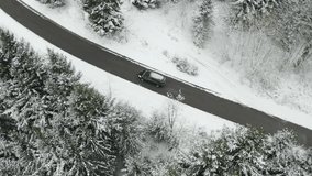 Aerial top-down view of a single car driving along a winding asphalt road through a snow-covered winter forest. Drone follow shot showing winter landscape, icy trees, and seasonal travel concept - Powered by Shutterstock - Get 15% off with code: PIKWIZARD15