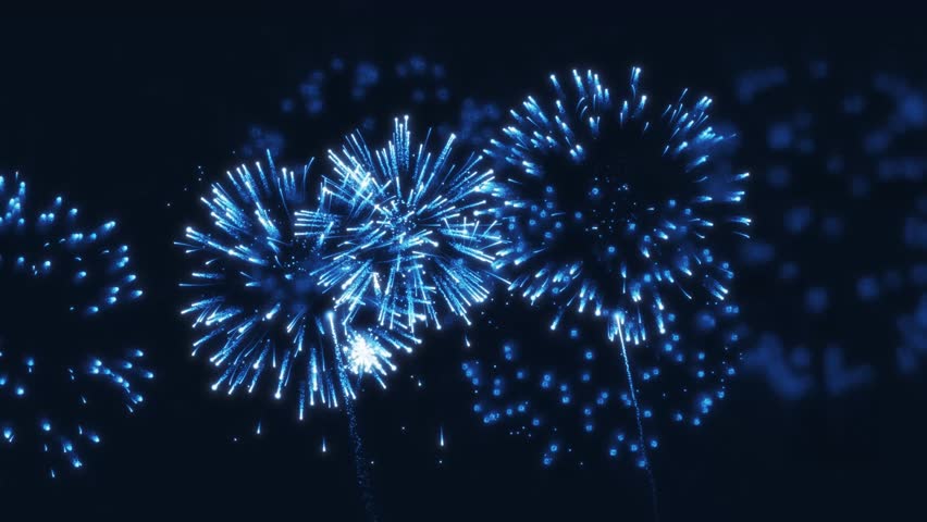 Bright glowing blue fireworks show and festival in the night sky. Blue shining fireworks with bokeh. National holidays, celebrations, events, and New Year's Eve fireworks animation. 4k