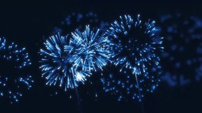 Bright glowing blue fireworks show and festival in the night sky. Blue shining fireworks with bokeh. National holidays, celebrations, events, and New Year's Eve fireworks animation. 4k - Powered by Shutterstock - Get 15% off with code: PIKWIZARD15
