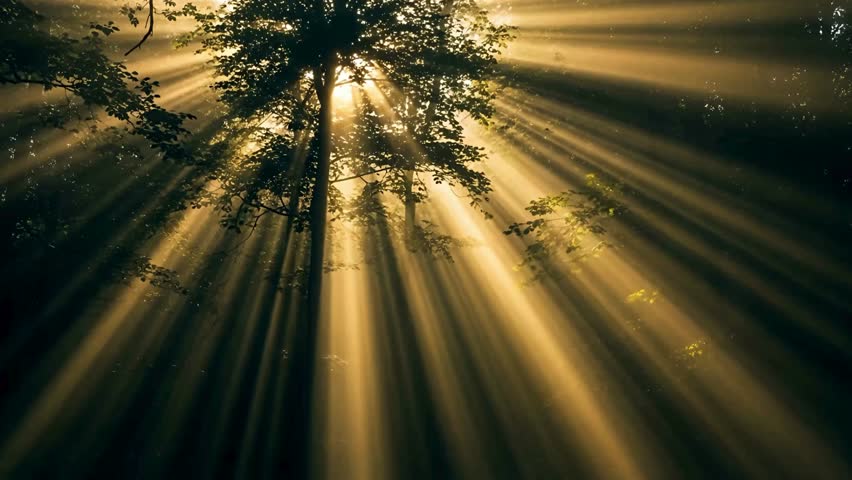 Sun Rays Shining Through Forest Trees