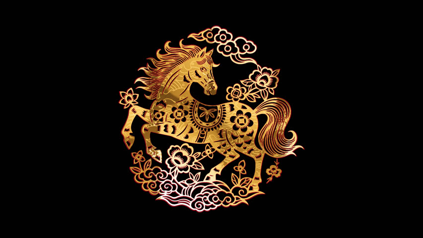 A golden flowing light loop on a horse with traditional Chinese patterns, with alpha channel.